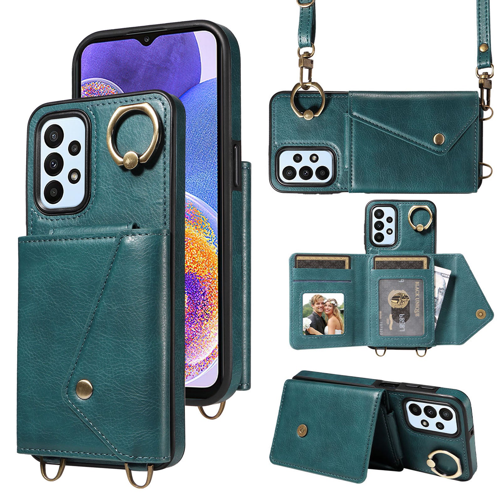 002 For Samsung Galaxy A23 4G A23 5G (Global Version) Back Cover Card Bag Ring Kickstand Litchi Texture Leather Coated TPU Phone Case with Shoulder Strap 002 For Samsung Galaxy A23 4G A23 5G (Global Version) Back Cover Card Bag Ring Kickstand Litchi Texture Leather Coated TPU Phone Case with Shoulder Strap
